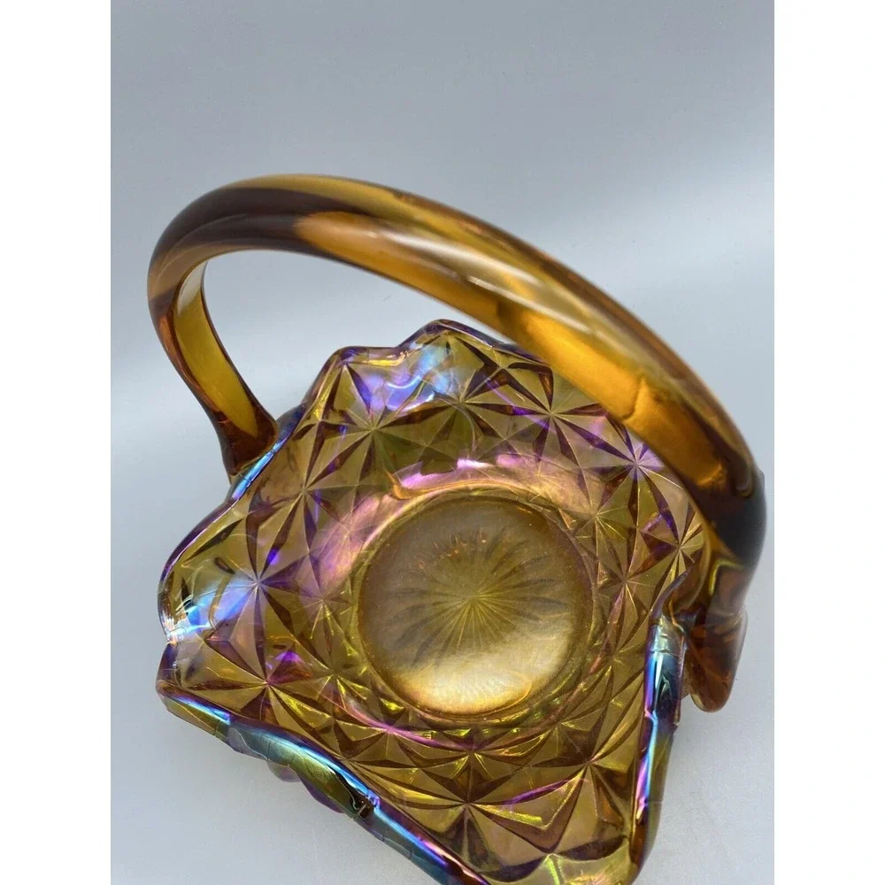 Vintage Indiana Glass Monticello Yellow Mist  Carnival Glass Basket‎ With Handle